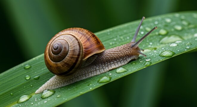 A snail gracefully glides across a dew-kissed green leaf in a lush natural environment showcasing intricate shell details and vibrant colors.