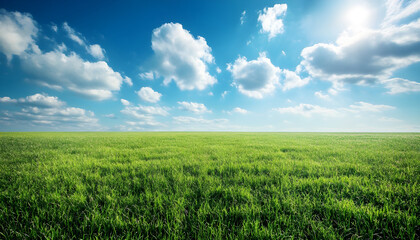 Green grass field with sky extending into empty space