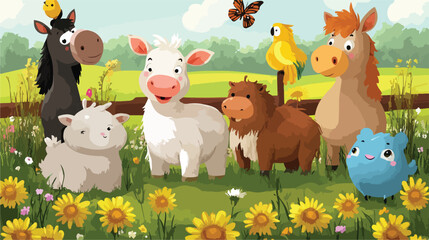 Naklejka premium Baby Chickens and Flowers on Farm