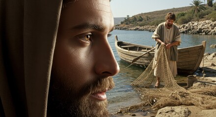 Close up of man looking at a man fishing on a lake. Biblical scene, gospel and christianity concept.