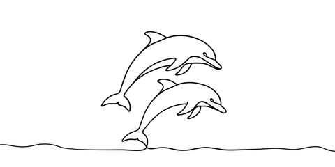 One continuous line drawing of couple of dolphin. Sea animal in wildlife in simple linear style. Summer concept in Editable stroke. Doodle vector illustration