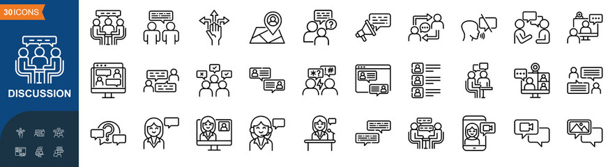 Discussion icon collection line style, Group Discussion, opinion, Opportunity , conversation, Promotion, consultation, Job Interview, Vector illustration