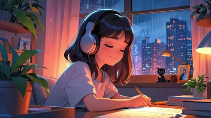 anime lofi girl wearing headphones writes at desk with city view during night perfect for studying or relaxed calm video project - Powered by Adobe