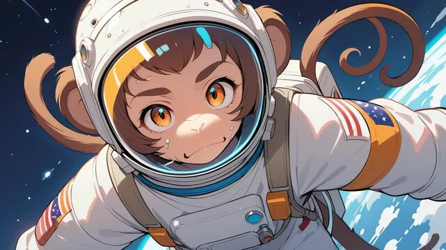 Cartoon Monkey Astronaut in Space with Blue and Earth Background and Starry Night