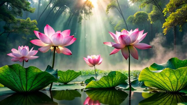 Serene lotus flowers in a misty pond with sunlight filtering through the trees