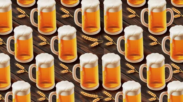 Overflowing beer mugs and wheat stalks create a seamless pattern.