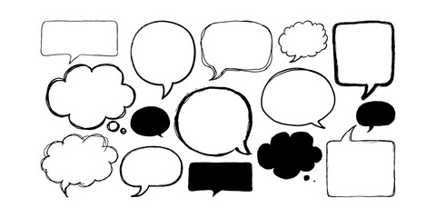 Multiple hand-drawn speech and thought bubbles in different shapes and styles on a white background, concept for communication and dialogue design