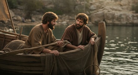 Two men, biblical apostles, sitting in a boat on water, preparing fishing net, concept of biblical time and evangelism.