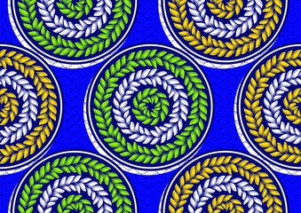 Ethnic African seamless fabric pattern with leaf and circle elements, abstract vector illustration for fashion textiles and prints, traditional design, not AI generated