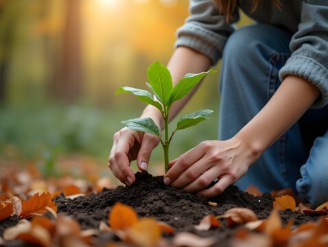 Woman planting young tree surrounded