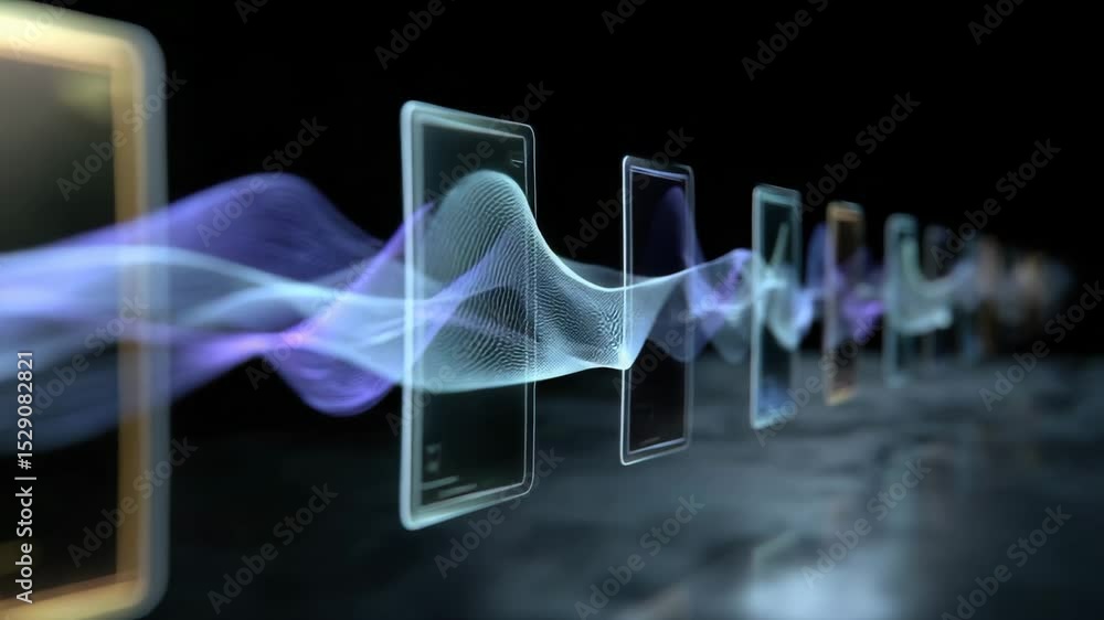 Aufkleber a row of digital smartphones with sound waves emanating from them, creating an abstract representati