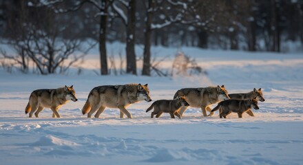 Naklejka premium Majestic wolf pack traversing a pristine snowy woodland landscape during winter sunset
