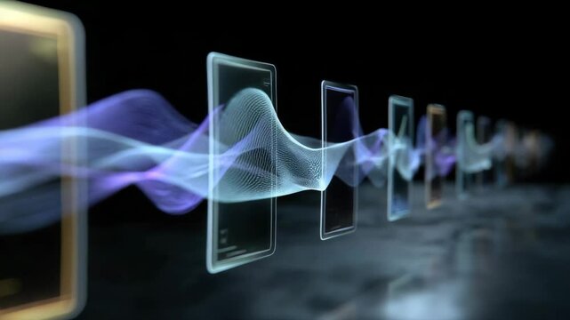 A row of digital smartphones  with sound waves emanating from them, creating an abstract representation of the smartphone soundscape.