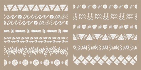 Set of Horizontal Seamless Borders Chalk Drawn Sketches of White Scribbles.