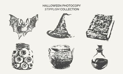 Vintage Halloween Stippling Clipart Set with Witchy Elements