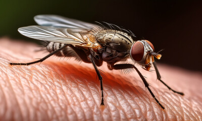 Obraz premium macro shot of a housefly crawling on human skin