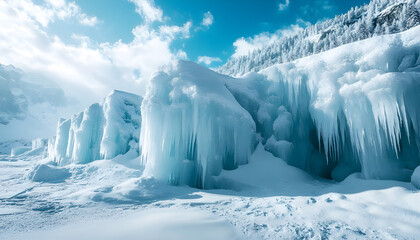 Frozen Landscape With Ice Formations Under Snowy Sky During Daylight