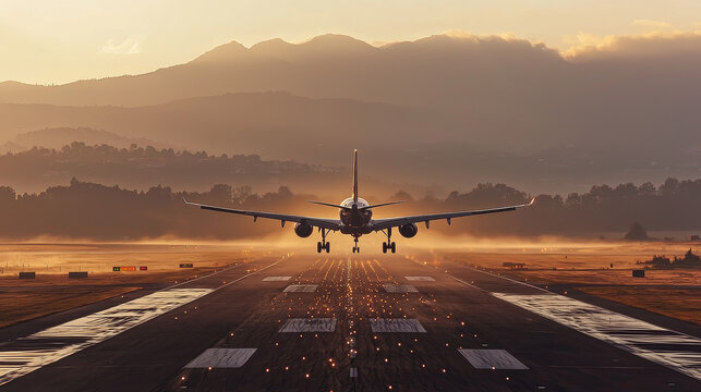 Commercial Airplane Landing on Misty Runway with Mountain Silhouette in Morning Sky, Creating Dramatic and Serene Aviation Scene