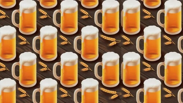Full beer mugs and wheat ears are arranged on a wooden table, forming a seamless pattern.