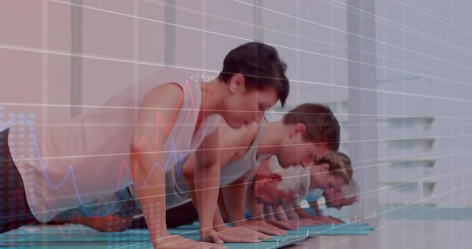 Group of six exercisers entering fitness gym doing push-ups while tracking animated metrics overlay