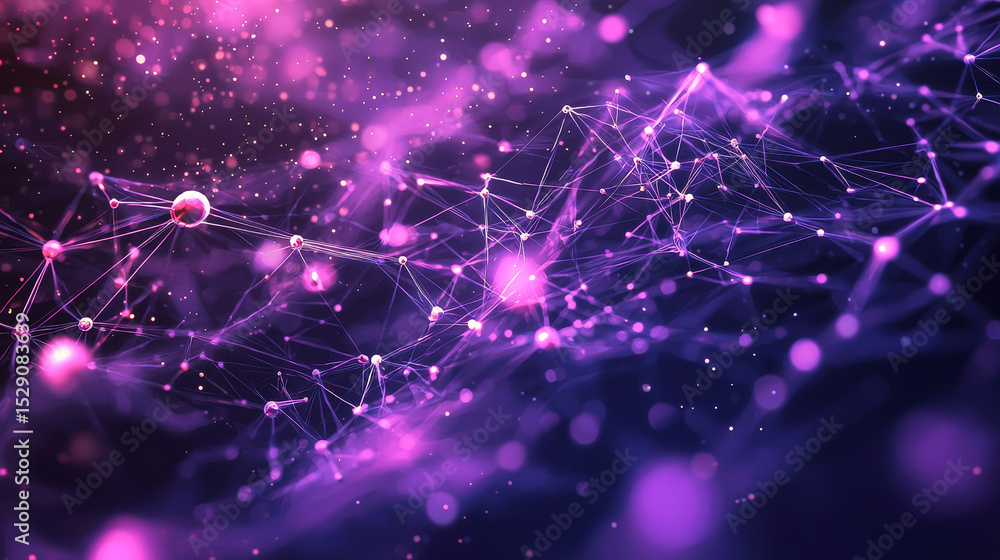 Poster glowing purple neural network with interconnected nodes and synapses illustrating brain communicatio