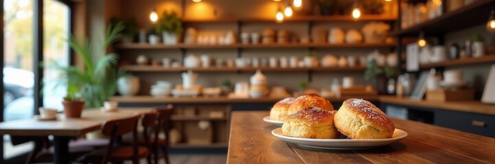 Warm inviting cafe interior, pastries displayed, breakfast, wood