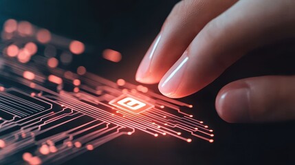 Finger touches glowing circuit board. Cybersecurity awareness illustration. Technology circuit illuminated. Glowing network on dark surface. Data transfer and access.