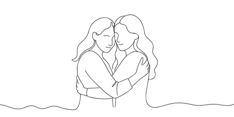 Mother and child hugs continuous line art drawing isolated on white background. Childhood line art drawing. Vector illustration