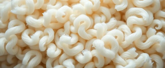 Close-up of pristine white curly wool, seamless texture  Short, factory-spun fibers,  short fiber,  white background