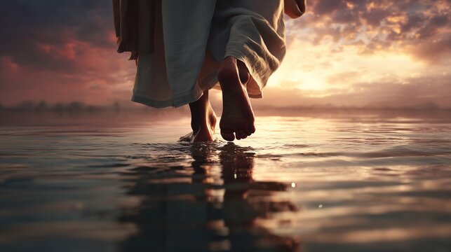 Jesus walks on water at sunset, embodying faith and tranquility while touching the surface