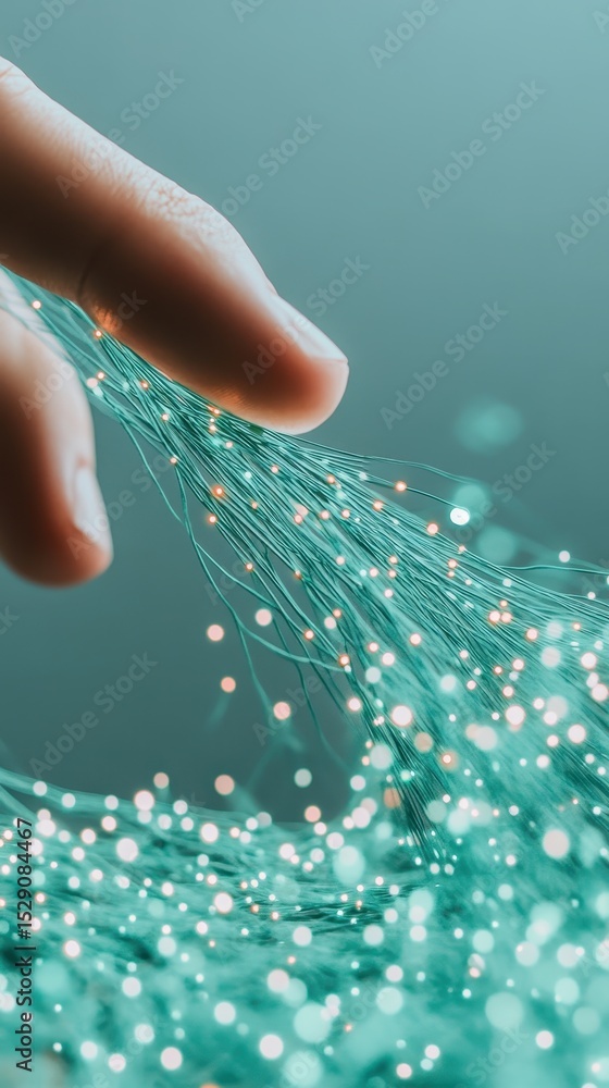 Poster finger touches digital awareness network strings with light. cybersecurity concept connects informat