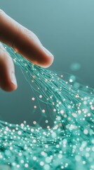 Finger touches digital awareness network strings with light. Cybersecurity concept connects information with data points. Background represents computer internet.