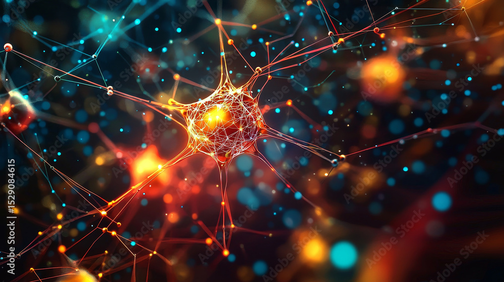 Poster vibrant digital illustration of interconnected neural networks with colorful nodes and lines on a da