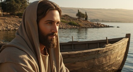 Jesus Christ looking thoughtfully beside a boat on the water during ancient biblical times.