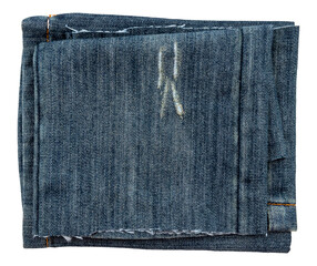 Piece of torn denim on a white background. Denim texture