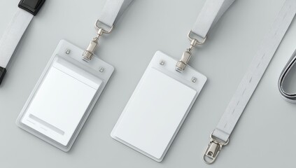 Two blank white ID badges on gray lanyards