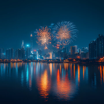 Fireworks Reflecting on Water over City Skyline New Year