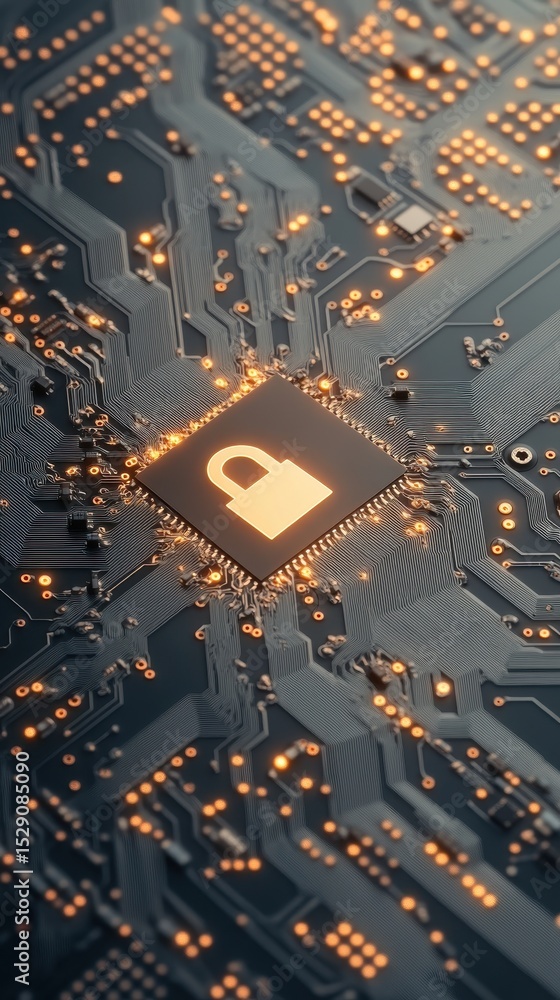 Poster circuit board with padlock icon showing cybersecurity concept of awareness digital protection intern