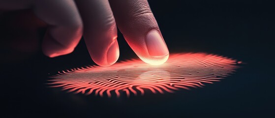 Finger touching digital fingerprint. Red light on secure access control. Cybersecurity Awareness concept. Technology scanning identification for safety.