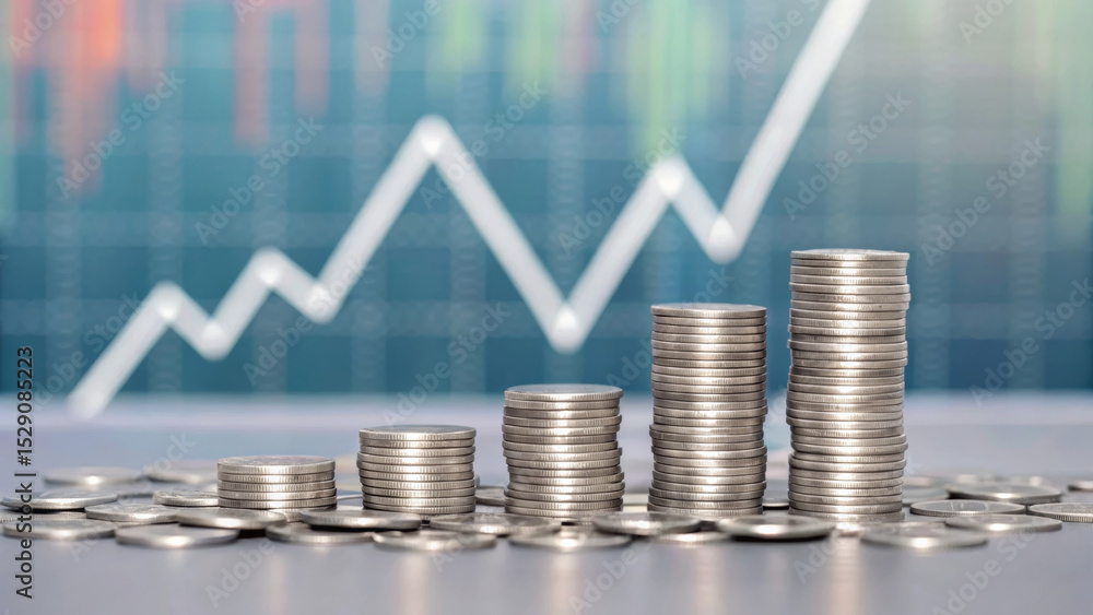 Poster currency fluctuation on commodities concept. growing stack of coins with a rising graph in the backg