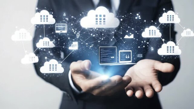 Hands holding a holographic projection of cloud computing