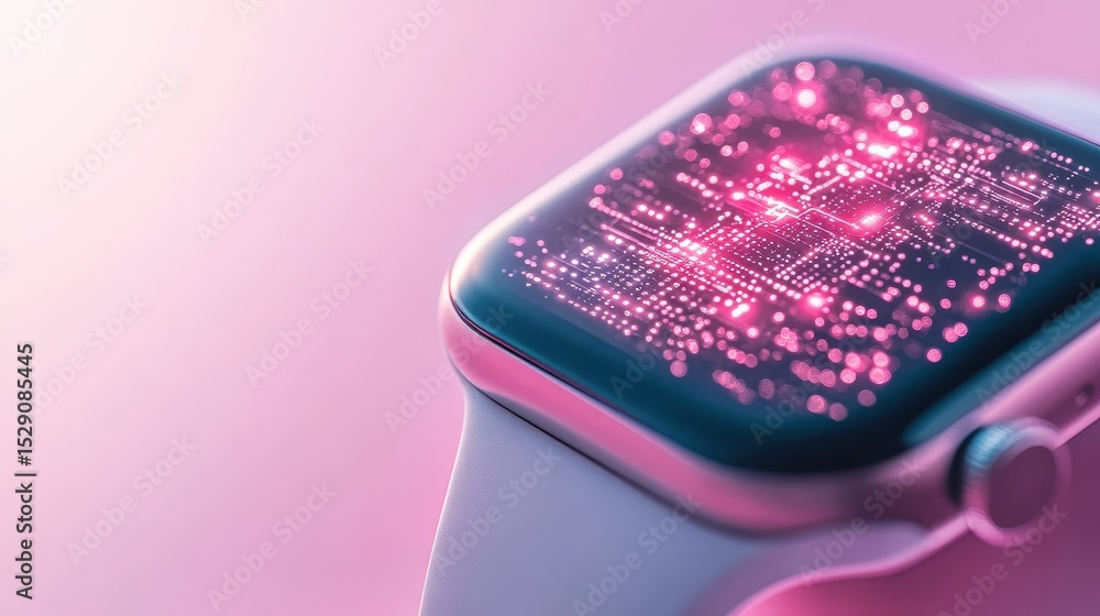 Poster smartwatch displaying digital network connectivity for cybersecurity awareness on soft pink backgrou