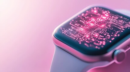 Smartwatch Displaying Digital Network Connectivity for Cybersecurity Awareness on Soft Pink Background. Close View Electronic Device. Security Concept.