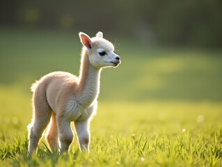 Fototapeta premium A baby alpaca is standing in a field