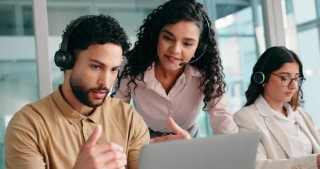 Call center, laptop and mentor with business people in office for sales consultant, advice and help desk. Feedback, contact us and B2B coaching with employees in telecom agency for customer service - Powered by Adobe