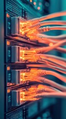 Server cables glow orange connecting to network ports. Cybersecurity awareness concept for secure online systems.