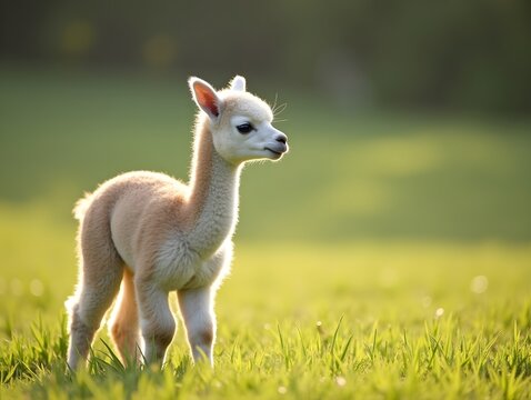 A baby alpaca is standing in a field