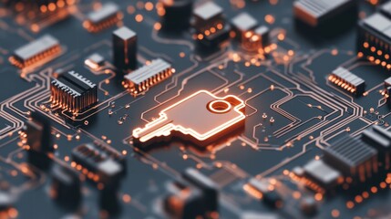 Glowing Key Symbol on Circuit Board Representing Cybersecurity Awareness with Electronic Components and Orange Lights