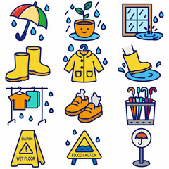 Rainy Season Essentials – 12 Colorful Vector Icons for Wet Weather and Safety Situations