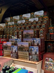 Souvenirs an aesthetic Prague City market in the heart of the beautiful streets of Prague's Old Town on a sunny day in summer in the Czech Republic, Europe.